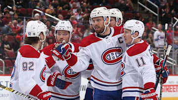 GLENDALE, ARIZONA - DECEMBER 20: Shea Weber #6 of the Montreal Canadiens celebrates with Jonathan Drouin #92, Max Domi #13 and Brendan Gallagher #11 after scoring a power play goal against the Arizona Coyotes during the second period of the NHL game at Gila River Arena on December 20, 2018 in Glendale, Arizona. (Photo by Christian Petersen/Getty Images)