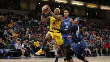 INDIANAPOLIS, IN JUNE 25 2019: Indiana Fever guard Erica Wheeler (17) drives past Minnesota Lynx guard Odyssey Sims (1) and goes in for the lay up during the game between the Minnesota Lynx and Indiana Fever June 25, 2019, at Bankers Life Fieldhouse in Indianapolis, IN. (Photo by Jeffrey Brown/Icon Sportswire via Getty Images)