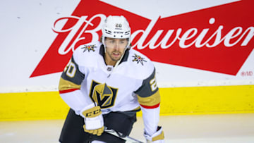 Apr 14, 2022; Calgary, Alberta, CAN; Vegas Golden Knights center Chandler Stephenson (20) skates during the warmup period against the Calgary Flames at Scotiabank Saddledome. Mandatory Credit: Sergei Belski-USA TODAY Sports