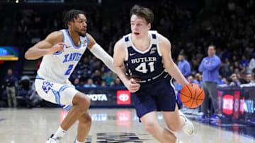 Butler Bulldogs wing Simas Lukosius dribbles the ball against Xavier Musketeers at the Cintas Center. Getty Images.