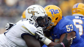 PITTSBURGH, PA - OCTOBER 08: Patrick Gamble #91 of the Georgia Tech Yellow Jackets and Dorian Johnson #53 of the Pittsburgh Panthers in action on October 8, 2016 at Heinz Field in Pittsburgh, Pennsylvania. (Photo by Justin K. Aller/Getty Images)