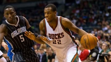 Apr 4, 2015; Milwaukee, WI, USA; Milwaukee Bucks guard Khris Middleton (22) during the game against the Orlando Magic at BMO Harris Bradley Center. Orlando won 97-90. Mandatory Credit: Jeff Hanisch-USA TODAY Sports