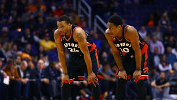 Feb 2, 2016; Phoenix, AZ, USA; Toronto Raptors guard Norman Powell (24) and guard DeMar DeRozan (10) against the Phoenix Suns at Talking Stick Resort Arena. The Raptors defeated the Suns 104-97. Mandatory Credit: Mark J. Rebilas-USA TODAY Sports