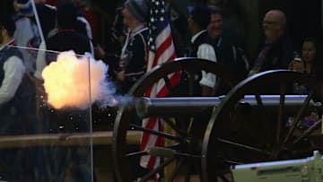 COLUMBUS, OH - JANUARY 25: The cannon fires during the 2015 Honda NHL All-Star Game at Nationwide Arena on January 25, 2015 in Columbus, Ohio. Team Toews defeated Team Foligno 17-12. (Photo by Dave Sandford/NHLI via Getty Images)