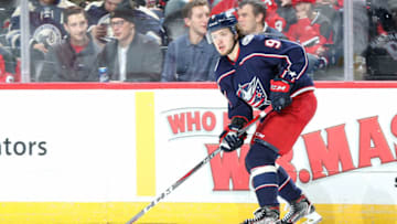 NEWARK, NJ - DECEMBER 23: Artemi Panarin #9 of the Columbus Blue Jackets skates with the puck against the New Jersey Devils at Prudential Center on December 23, 2018 in Newark, New Jersey. The Columbus Blue Jackets won 3-0. (Photo by Jared Silber/NHLI via Getty Images)