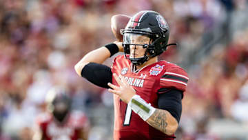 South Carolina Gamecocks quarterback Spencer Rattler (7) throws the ball during the first half against the Notre Dame Fighting Irish in the 2022 Gator Bowl at TIAA Bank Field. (Matt Pendleton-USA TODAY Sports)