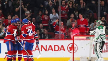 Mar 8, 2016; Montreal, Quebec, CAN; Montreal Canadiens left wing Max Pacioretty (67) celebrates his goal against Dallas Stars goalie Kari Lehtonen (32) with teammates during the first period at Bell Centre. Mandatory Credit: Jean-Yves Ahern-USA TODAY Sports
