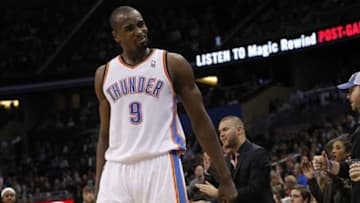 Feb 7, 2014; Orlando, FL, USA; Oklahoma City Thunder power forward Serge Ibaka (9) reacts after he fouls Orlando Magic shooting guard Arron Afflalo (not pictured) during the second half at Amway Center. The Orlando Magic won 103-102. Mandatory Credit: Kim Klement-USA TODAY Sports