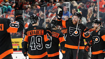 PHILADELPHIA, PA - JANUARY 18: Jakub Voracek #93 of the Philadelphia Flyers congratulates his teammates after defeating the Los Angeles Kings 4-1 on January 18, 2020 at the Wells Fargo Center in Philadelphia, Pennsylvania. (Photo by Len Redkoles/NHLI via Getty Images)