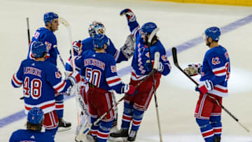 NEW YORK, NY - SEPTEMBER 26: New York Rangers center Mika Zibanejad (93) celebrates his game winning overtime shootout goal during the NHL Preseason game between the Philadelphia Flyers and New York Rangers on September 26, 2019 at Madison Square Garden in New York, NY (Photo by John Jones/Icon Sportswire via Getty Images)
