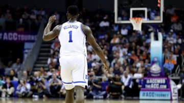 CHARLOTTE, NORTH CAROLINA - MARCH 14: Zion Williamson #1 of the Duke Blue Devils reacts against the Syracuse Orange during their game in the quarterfinal round of the 2019 Men's ACC Basketball Tournament at Spectrum Center on March 14, 2019 in Charlotte, North Carolina. (Photo by Streeter Lecka/Getty Images)