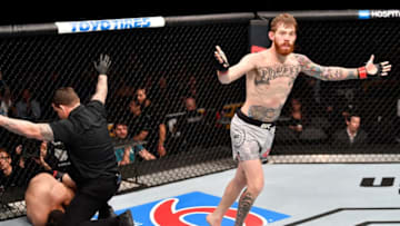 CALGARY, AB - JULY 28: Devin Powell celebrates after his victory over Alvaro Herrera of Mexico in their lightweight bout during the UFC Fight Night event at Scotiabank Saddledome on July 28, 2018 in Calgary, Alberta, Canada. (Photo by Jeff Bottari/Zuffa LLC/Zuffa LLC via Getty Images)