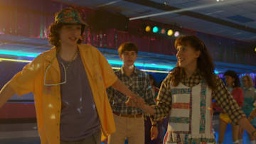 STRANGER THINGS. (L to R) Finn Wolfhard as Mike WHeeler, Noah Schnapp as Will Byers and Millie Bobby Brown as Eleven in STRANGER THINGS. Cr. Courtesy of Netflix © 2022