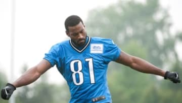 Aug 2, 2014; Detroit, MI, USA; Detroit Lions wide receiver Calvin Johnson (81) during training camp at the Detroit Lions training facility. Mandatory Credit: Tim Fuller-USA TODAY Sports