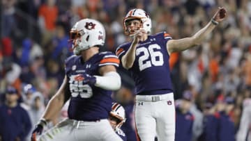 Auburn footballOct 30, 2021; Auburn, Alabama, USA; Auburn Tigers place kicker Anders Carlson (26) watches a successful field goal attempt against the Mississippi Rebels during the fourth quarter at Jordan-Hare Stadium. Mandatory Credit: John Reed-USA TODAY Sports