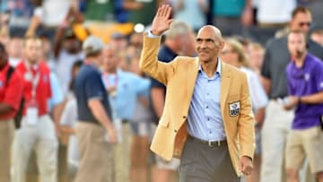 Aug 7, 2016; Canton, OH, USA; Pro football Hall of Fame member Tony Dungy greets the crowd before the game between the Indianapolis Colts and the Green Bay Packers at the 2016 Hall of Fame Game at Tom Benson Hall of Fame Stadium. The game was cancelled due to safety concerns with the condition of the playing surface. Mandatory Credit: Ken Blaze-USA TODAY Sports