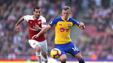 LONDON, ENGLAND - FEBRUARY 24: James Ward-Prowse of Southampton battles for possession with Henrikh Mkhitaryan of Arsenal during the Premier League match between Arsenal FC and Southampton FC at Emirates Stadium on February 23, 2019 in London, United Kingdom. (Photo by Richard Heathcote/Getty Images)