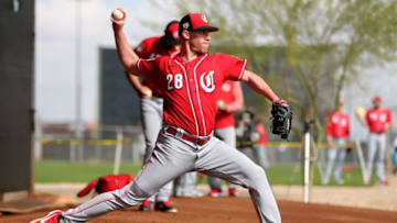 Cincinnati Reds starting pitcher Anthony DeSclafani (28) delivers during a bullpen session, Friday, Feb. 15, 2019, at the Cincinnati Reds spring training facility in Goodyear, Arizona.Cincinnati Reds Spring Training 2 15 2019