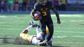Oct 15, 2016; College Park, MD, USA; Maryland Terrapins quarterback Tyrrell Pigrome (3) runs against the Minnesota Golden Gophers at Byrd Stadium. Mandatory Credit: Mitch Stringer-USA TODAY Sports