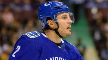 VANCOUVER, BC - MARCH 30: Vancouver Canucks Defenceman Luke Schenn (2) looks up ice during their NHL game against the Dallas Stars at Rogers Arena on March 30, 2019 in Vancouver, British Columbia, Canada. Vancouver won 3-2 in a shootout. (Photo by Derek Cain/Icon Sportswire via Getty Images)