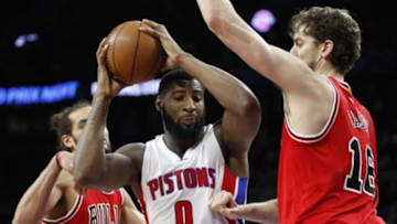 Mar 21, 2015; Auburn Hills, MI, USA; Detroit Pistons center Andre Drummond (0) gets defended by Chicago Bulls forward Pau Gasol (16) and center Joakim Noah (13) during the third quarter at The Palace of Auburn Hills. Pistons beat the Bulls 107-91. Mandatory Credit: Raj Mehta-USA TODAY Sports