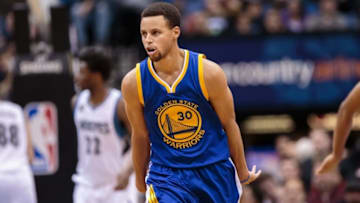 Nov 12, 2015; Minneapolis, MN, USA; Golden State Warriors guard Stephen Curry (30) celebrates a basket in the fourth quarter against the Minnesota Timberwolves at Target Center. The Golden State Warriors beat he Minnesota Timberwolves 129-116. Mandatory Credit: Brad Rempel-USA TODAY Sports