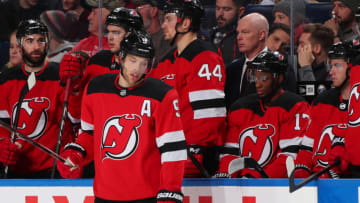 BUFFALO, NY - DECEMBER 2: Taylor Hall #9 of the New Jersey Devils reacts during a 7-1 loss to the Buffalo Sabres in an NHL game on December 2, 2019 at KeyBank Center in Buffalo, New York. (Photo by Bill Wippert/NHLI via Getty Images)