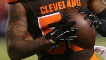 Nov 30, 2015; Cleveland, OH, USA; Cleveland Browns inside linebacker Chris Kirksey (58) grips a football against the Baltimore Ravens at FirstEnergy Stadium. The Ravens won 33-27. Mandatory Credit: Aaron Doster-USA TODAY Sports
