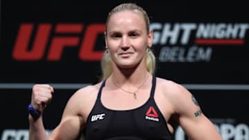 BELEM, BRAZIL - FEBRUARY 02: Valentina Shevchenko of Kyrgyzstan poses on the scale during a UFC Fight Night weigh-in at Mangueirinho Arena on February 02, 2018 in Belem, Brazil. (Photo by Buda Mendes/Zuffa LLC/Zuffa LLC via Getty Images)