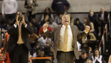 Jan 16, 2016; Auburn, AL, USA; Auburn Tigers head coach Bruce Pearl reacts to a call during the second half against the Kentucky Wildcats at Auburn Arena. The Tigers beat the Wildcats 75-70. Mandatory Credit: John Reed-USA TODAY Sports