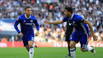 LONDON, ENGLAND - APRIL 22: Eden Hazard of Chelsea celebrates scoring his sides third goal with Diego Costa of Chelsea during The Emirates FA Cup Semi-Final between Chelsea and Tottenham Hotspur at Wembley Stadium on April 22, 2017 in London, England. (Photo by Richard Heathcote/Getty Images)