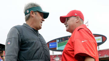 KANSAS CITY, MO - SEPTEMBER 17: Head coach Andy Reid of the Kansas City Chiefs and head coach Doug Pederson of the Philadelphia Eagles greet each other prior to the game at Arrowhead Stadium on September 17, 2017 in Kansas City, Missouri. (Photo by Jamie Squire/Getty Images)