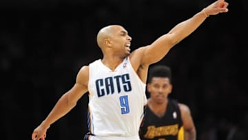 January 31, 2014; Los Angeles, CA, USA; Charlotte Bobcats shooting guard Gerald Henderson (9) reacts after scoring a basket against the Los Angeles Lakers during the second half at Staples Center. Mandatory Credit: Gary A. Vasquez-USA TODAY Sports