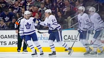 Kasperi Kapanen #24 of the Toronto Maple Leafs is congratulated by Nazem Kadri #43 after scoring a goal during the second period of the game against the Columbus Blue Jackets. (Irwin/Getty Images)