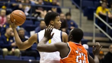 Nov 23, 2015; Berkeley, CA, USA; California Golden Bears forward Ivan Rabb (1) controls the ball against Sam Houston State Bearkats center Andre Sands (23) during the first half at Haas Pavilion. Mandatory Credit: Kelley L Cox-USA TODAY Sports