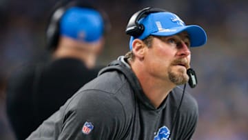 Jan 9, 2022; Detroit, Michigan, USA; Detroit Lions head coach Dan Campbell looks on during the first quarter against the Green Bay Packers at Ford Field. Mandatory Credit: Raj Mehta-USA TODAY Sports