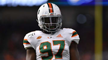 MIAMI, FLORIDA - NOVEMBER 23: Jonathan Garvin #97 of the Miami Hurricanes in action against the FIU Golden Panthers in the first half at Marlins Park on November 23, 2019 in Miami, Florida. (Photo by Mark Brown/Getty Images)