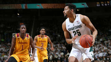 EAST LANSING, MI - NOVEMBER 14: Kenny Goins #25 of the Michigan State Spartans drives to the basket during a game against the Louisiana Monroe Warhawks in the first half at Breslin Center on November 14, 2018 in East Lansing, Michigan. (Photo by Rey Del Rio/Getty Images)