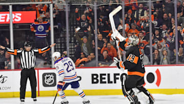 Feb 9, 2023; Philadelphia, Pennsylvania, USA; Philadelphia Flyers goaltender Carter Hart (79) celebrates shootout win after making a save against Edmonton Oilers center Leon Draisaitl (29) during the shootout period at Wells Fargo Center. Mandatory Credit: Eric Hartline-USA TODAY Sports
