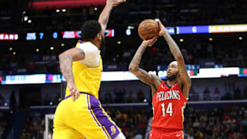 NEW ORLEANS, LOUISIANA - NOVEMBER 27: Brandon Ingram #14 of the New Orleans Pelicans shoots the ball over Anthony Davis #3 of the Los Angeles Lakers at Smoothie King Center on November 27, 2019 in New Orleans, Louisiana. NOTE TO USER: User expressly acknowledges and agrees that, by downloading and/or using this photograph, user is consenting to the terms and conditions of the Getty Images License Agreement (Photo by Chris Graythen/Getty Images)