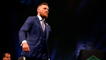 LONDON, ENGLAND - JULY 14: Conor McGregor reacts to the crowd during the Floyd Mayweather Jr. v Conor McGregor World Press Tour event at SSE Arena on July 14, 2017 in London, England. (Photo by Jeff Bottari/Zuffa LLC/Zuffa LLC via Getty Images)
