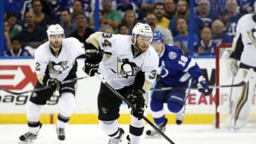 May 20, 2016; Tampa, FL, USA; Pittsburgh Penguins right wing Tom Kuhnhackl (34) skates with the puck against the Tampa Bay Lightning during the second period of game four of the Eastern Conference Final of the 2016 Stanley Cup Playoffs at Amalie Arena. Mandatory Credit: Kim Klement-USA TODAY Sports