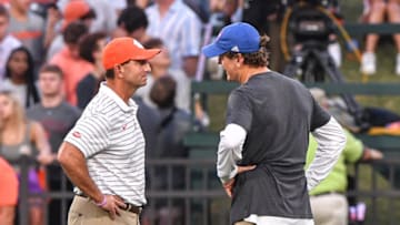 Sep 17, 2022; Clemson, South Carolina, USA; Clemson Tigers head coach Dabo Swinney and Louisiana Tech Bulldogs head coach Sonny Cumbie meet before a game at Memorial Stadium. Mandatory Credit: Ken Ruinard-USA TODAY Sports