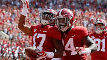 TUSCALOOSA, AL - SEPTEMBER 29: Jaylen Waddle #17 of the Alabama Crimson Tide reacts after returning a punt for a touchdown against the Louisiana Ragin Cajuns at Bryant-Denny Stadium on September 29, 2018 in Tuscaloosa, Alabama. (Photo by Kevin C. Cox/Getty Images)