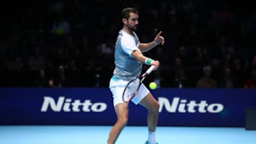 LONDON, ENGLAND - NOVEMBER 16: Marin Cilic of Croatia plays a forehand shot in his third singles round robin match against Novak Djokovic of Serbia during Day Six of the Nitto ATP Finals at The O2 Arena on November 16, 2018 in London, England. (Photo by Clive Brunskill/Getty Images)