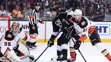 LOS ANGELES, CA - SEPTEMBER 29: Goaltender John Gibson #36 and Marcus Pettersson #28 of the Anaheim Ducks battle for position with Dustin Brown #23 of the Los Angeles Kings during the first period of the preseason game at STAPLES Center on September 29, 2018 in Los Angeles, California. (Photo by Juan Ocampo/NHLI via Getty Images)