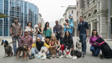 Pictured (back, L-R): Brian Calvert & Dixie, Linh Iacona & Jax, Donna Modafferi &Charlie, Vania Zuniga & Jax, Daniel Reese & Allister, Kioni “Kentucky” Russell Gallahue & Derby, Mark LeBlanc & Ace. Pictured (front, L-R): Chisum Joe Johnson & Kepo, Josh White & Snow, Chelsey Lowe & Gryffin, Mitra Najibeh Yosri & Bozley, Lucy Riles & Duchess. The Pack - Episode 101 - "Los Angeles". Credit: Ali Goldstein/Amazon