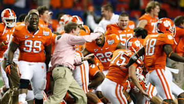 ATLANTA, GA - DECEMBER 31: The Clemson Tigers celebrate their 25-24 win over the LSU Tigers during the 2012 Chick-fil-A Bowl at Georgia Dome on December 31, 2012 in Atlanta, Georgia. (Photo by Kevin C. Cox/Getty Images)
