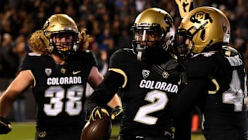 BOULDER, CO - SEPTEMBER 28: CU WR Laviska Shenault Jr. (#2) celebrates his touchdown with Brady Russell (#38) and Chris Bounds (#44) in the 3rd quarter of the game against UCLA at Folsom Field September 28 2018. CU won 38-16. (Photo by Hyoung Chang/The Denver Post via Getty Images)