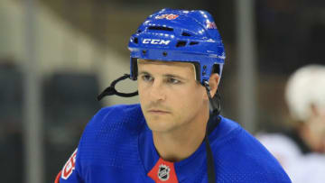 NEW YORK, NEW YORK - SEPTEMBER 18: Micheal Haley #38 of the New York Rangers skates in warm-ups prior to the game against the New Jersey Devils at Madison Square Garden on September 18, 2019 in New York City. (Photo by Bruce Bennett/Getty Images)